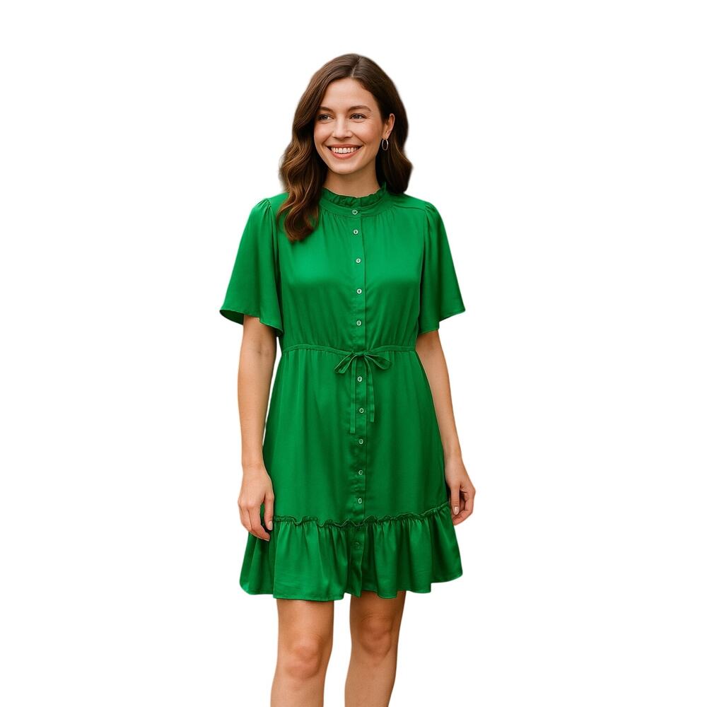 Jodifl Green Ruffle Hem Button Front Dress Womens Large Flutter Sleeve Tie Waist